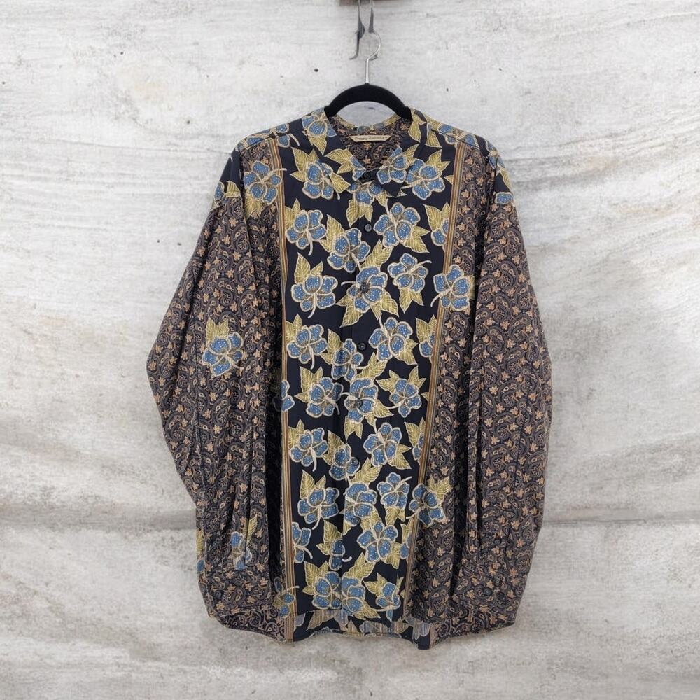 Vintage Tommy Bahama Batik Silk Blend Mens XXL Black Floral Tropical Button Up